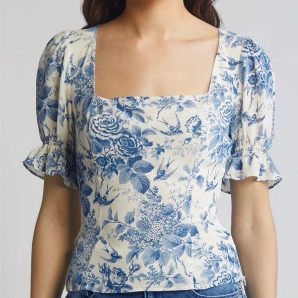 Reformation Blue and Cream Floral Square-Neck Puff Sleeve Blouse